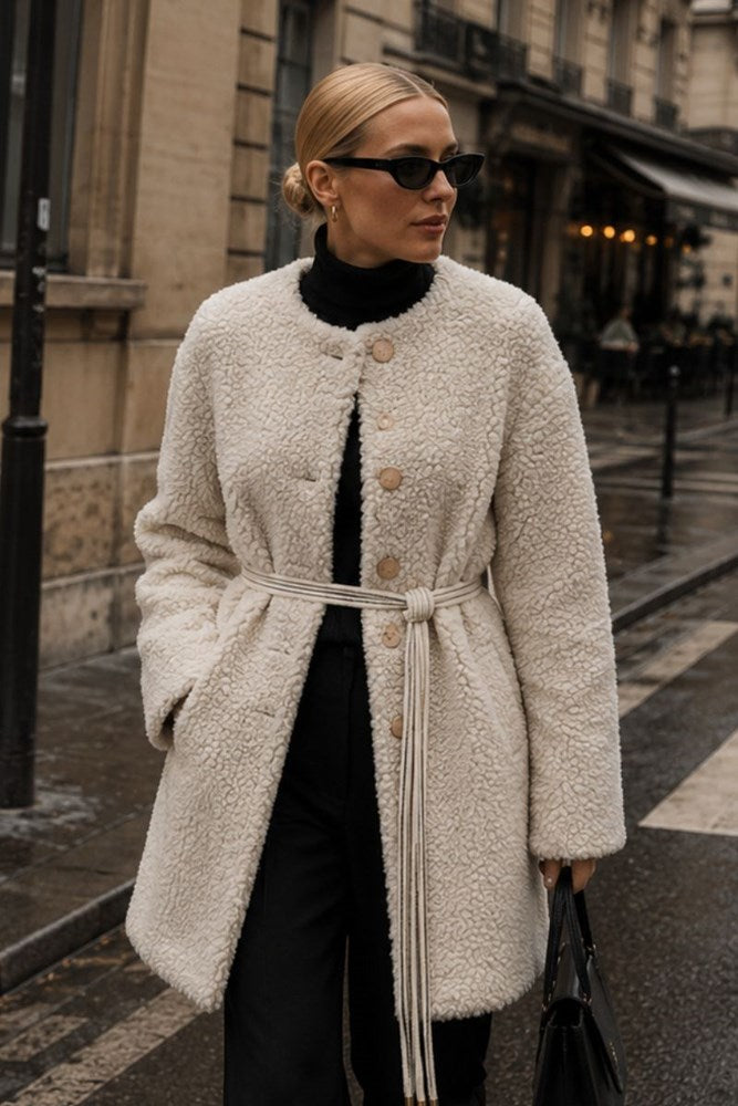 Luxe Collarless Faux Shearling Midi Coat