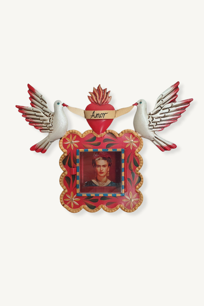Mexican Tin Nicho Frida w Heart & Doves