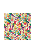 Colorful pattern of parrots and flowers on a white background