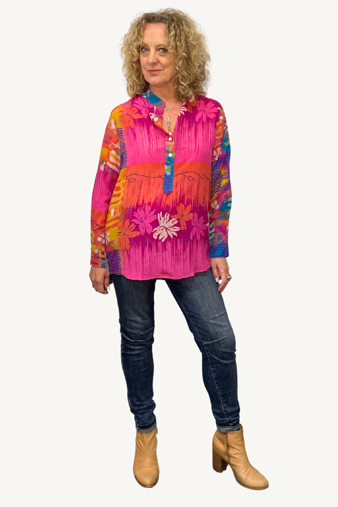 Shop Amita Repurposed Silk Shirt with Mandarin Collar By Origen Imports - Origen Imports