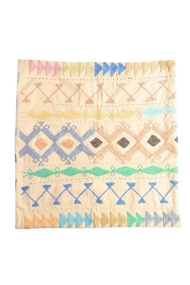 Geometric Cotton Embroidered Cushion in Natural Tones