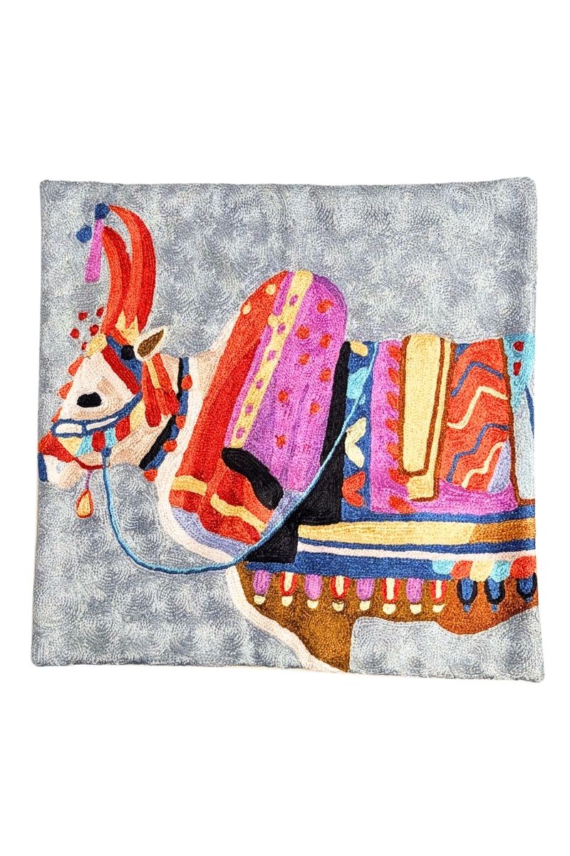 Traditional Indian Holy Cow Silk Embroidered Cushion