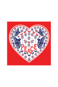 Heart-shaped design with peace text on a red background