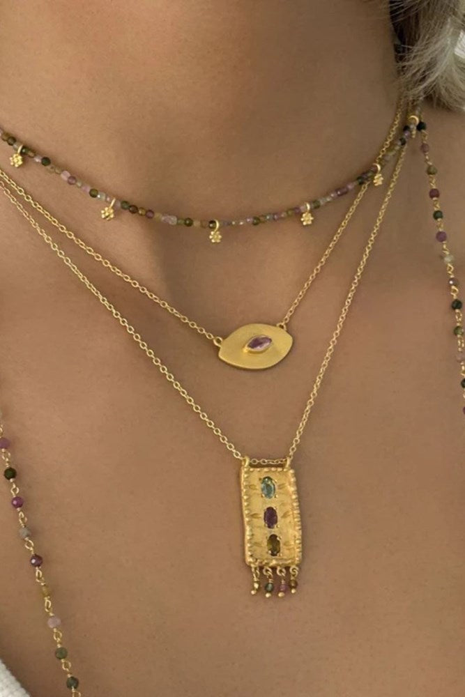 Shop Rubyteva Sahara Gold Rectangle Pendant Multi Tourmaline necklace - Origen Imports