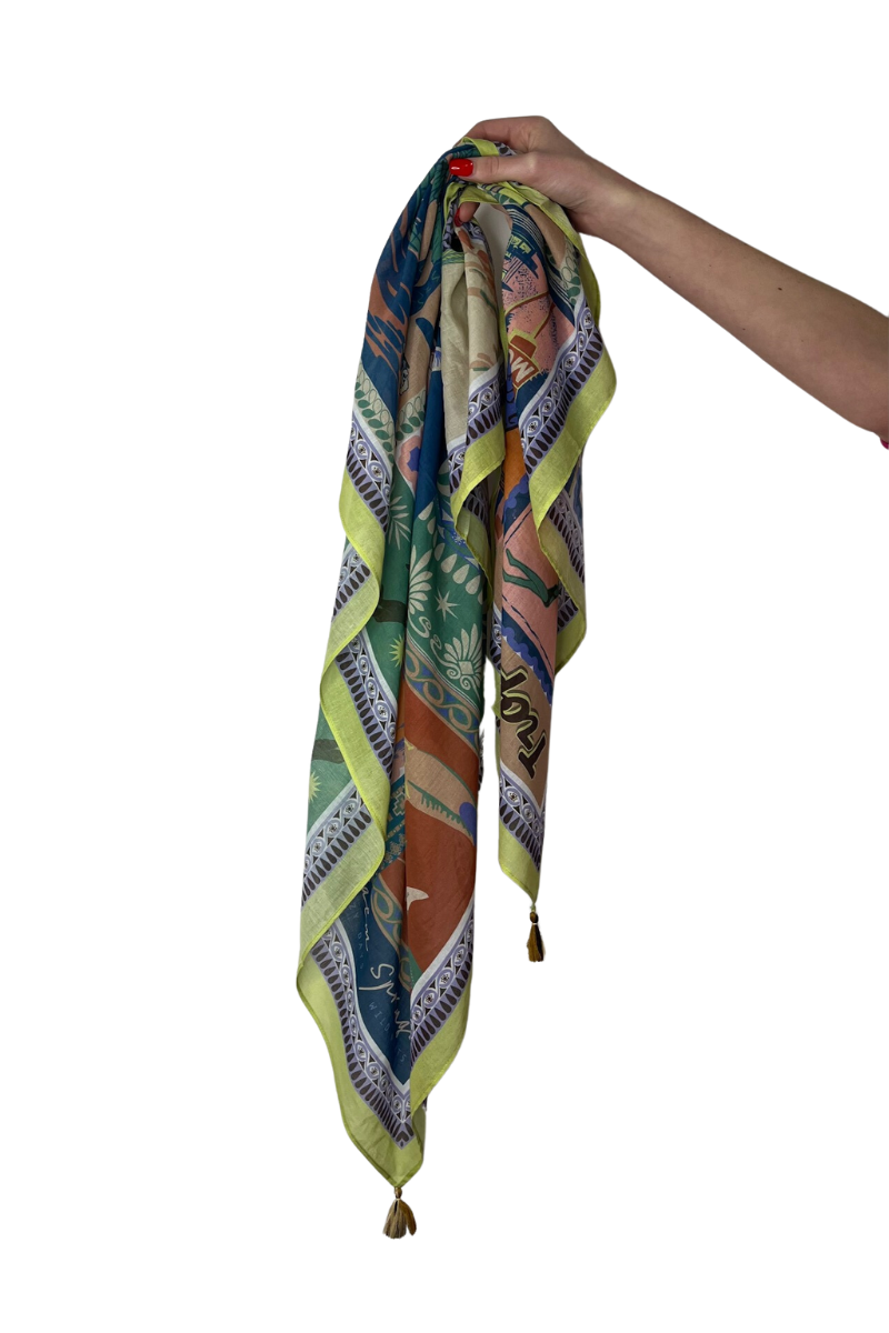 Shop 100% Cotton Printed Scarf in Lime Green & Pink: Square - Origen Imports
