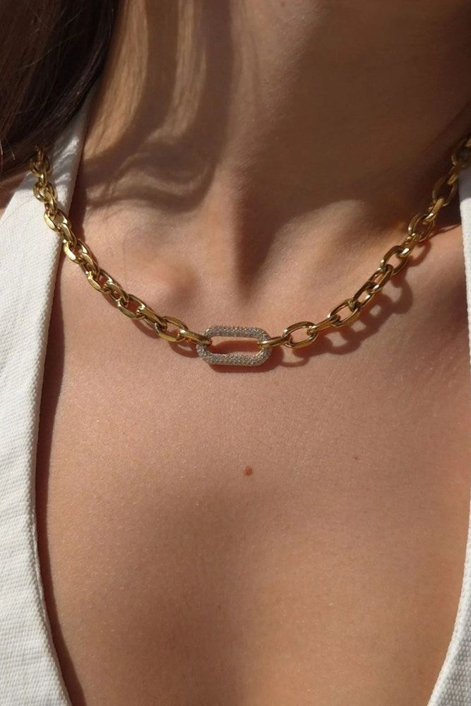 Stainless Steel Chunky CZ Link Necklace