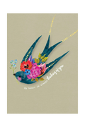Card with a colorful bird illustration holding flowers and text on a beige background