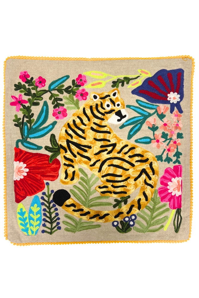 Shop Tiger & Flowers Embroidered Square Cushion - Statement Piece By Origen - Origen Imports