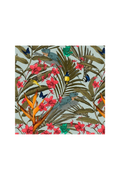 Colorful card with birds, flowers, and leaves on a light blue background