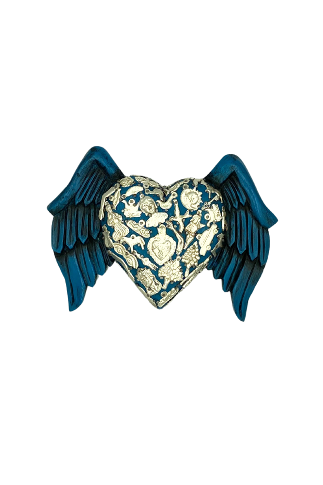 Turquoise Mexican Hand Carved Wooden Heart With Wings and Milagros