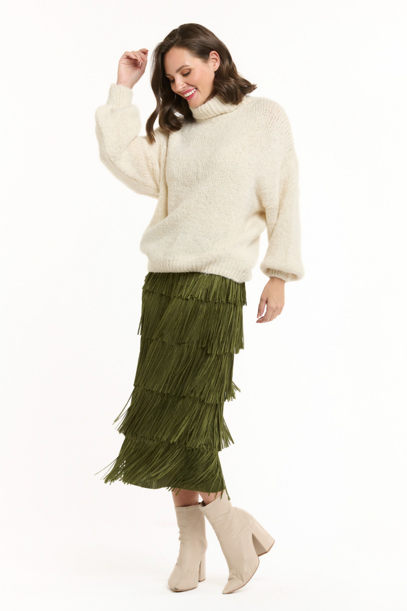 Shop Green Tier Fringe Skirt - Origen Imports