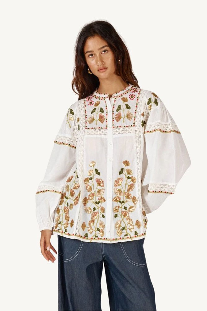 Shop White Embroidered Floral Peasant Top By Rubyyaya - Origen Imports