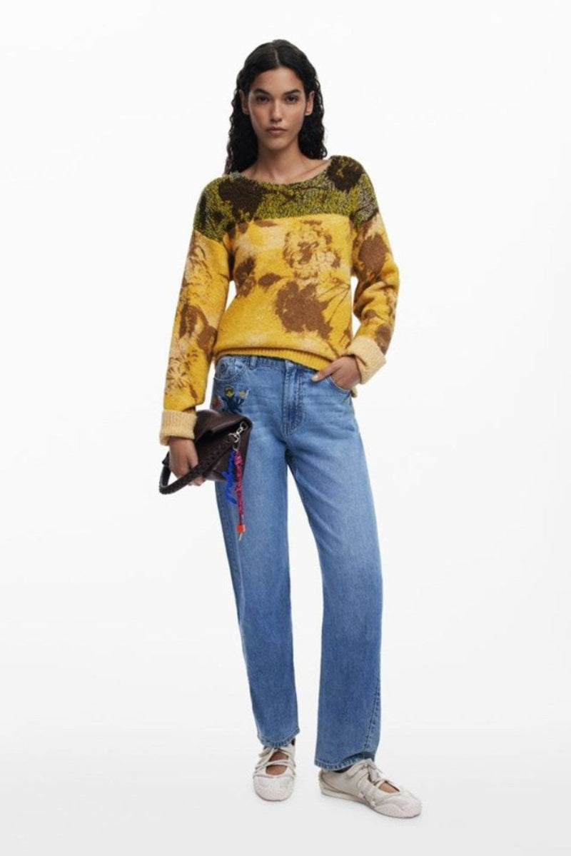 Desigual Adak Mustard Floral Jacquard Jumper