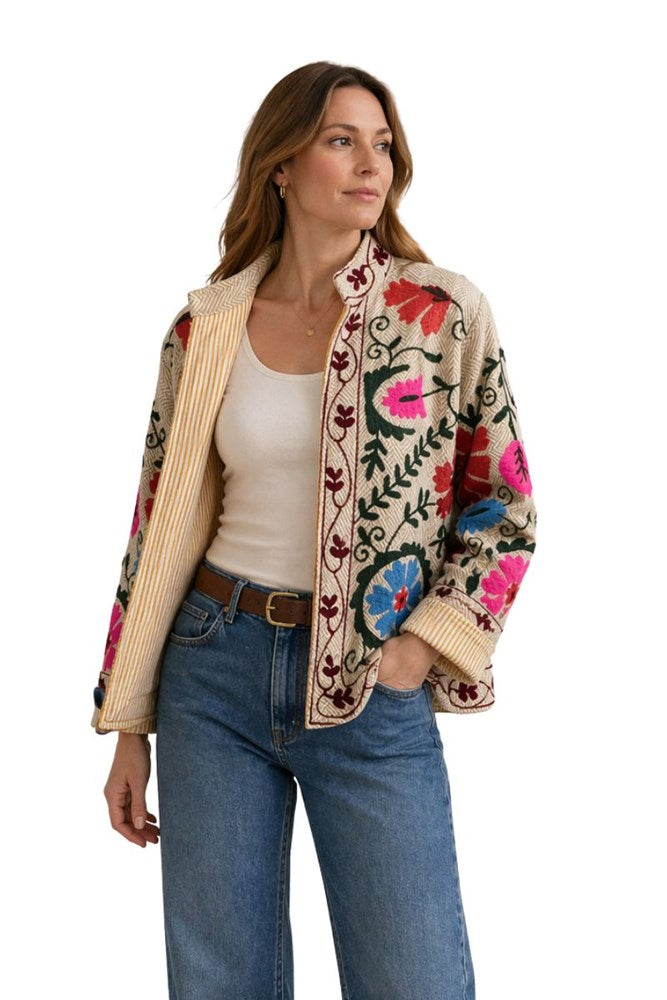 Anika Embroidered Cream Cotton Jacket