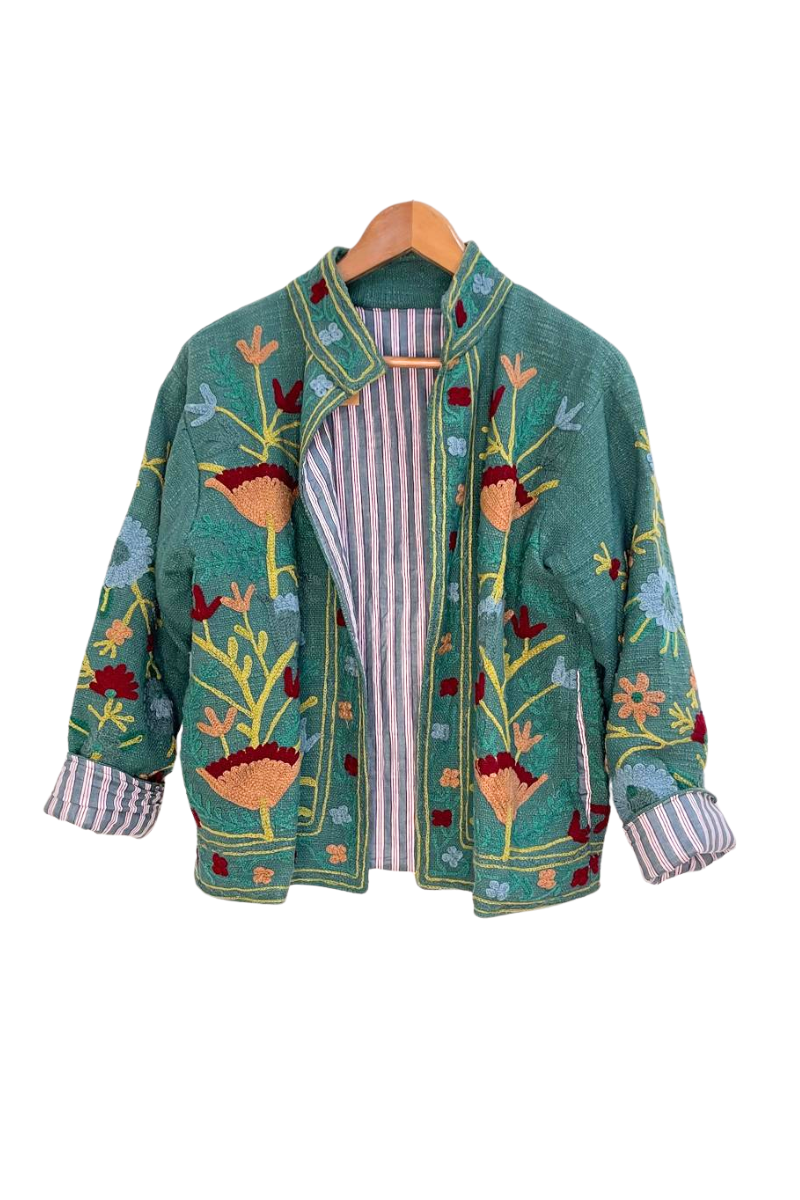 Shop Anika Embroidered Cotton Jacket by Origen Imports - Green - Origen Imports