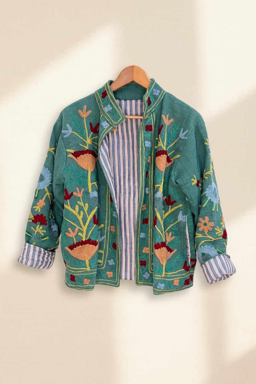 Shop Anika Embroidered Cotton Jacket by Origen Imports - Green - Origen Imports