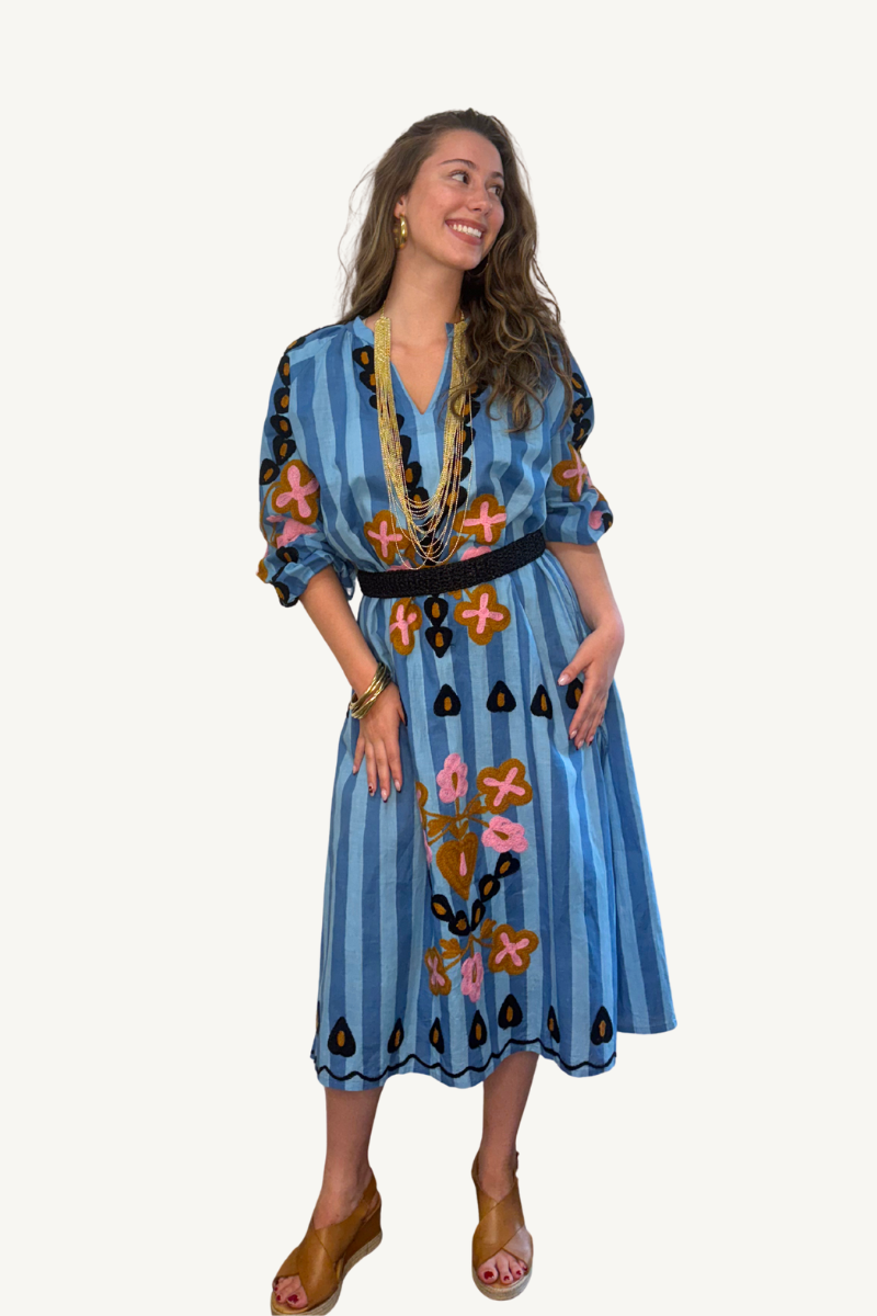 The Anita Blue Stripe and Embroidered Dress By Origen