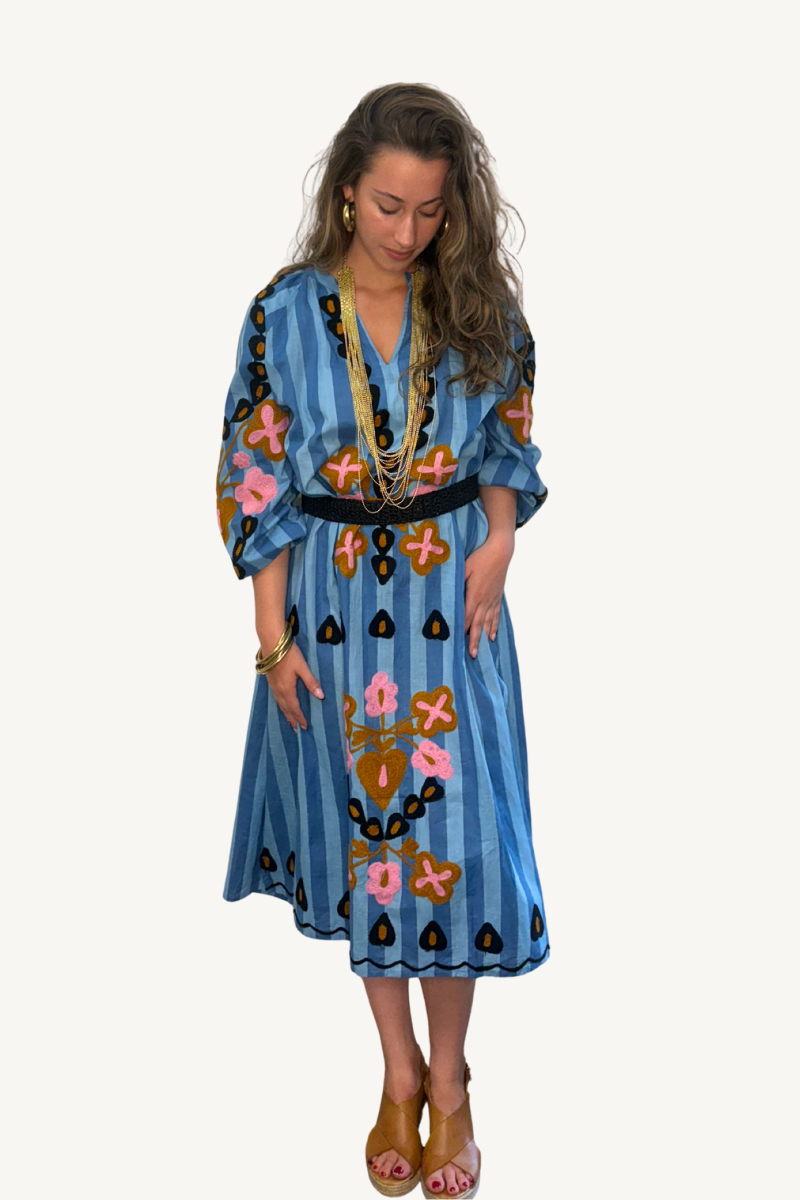 The Anita Blue Stripe and Embroidered Dress By Origen