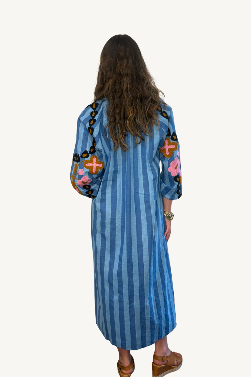 The Anita Blue Stripe and Embroidered Dress By Origen