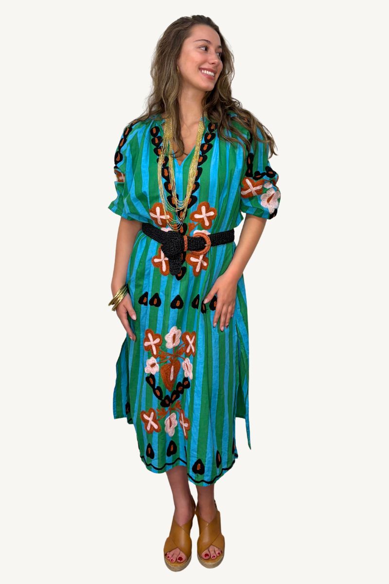 The Anita Green & Turquoise Stripe Cotton Embroidered Dress By Origen