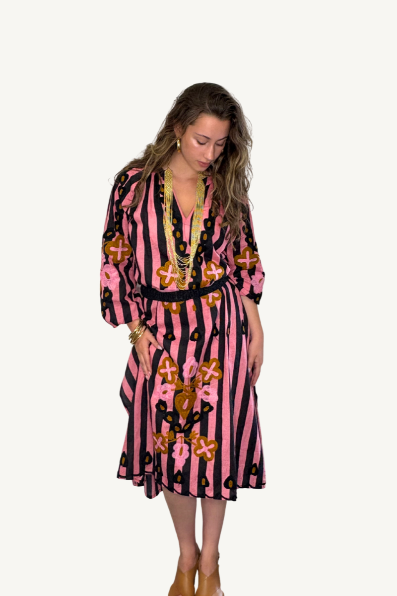 The Anita Black and Pink Stripe Embroidered Dress By Origen