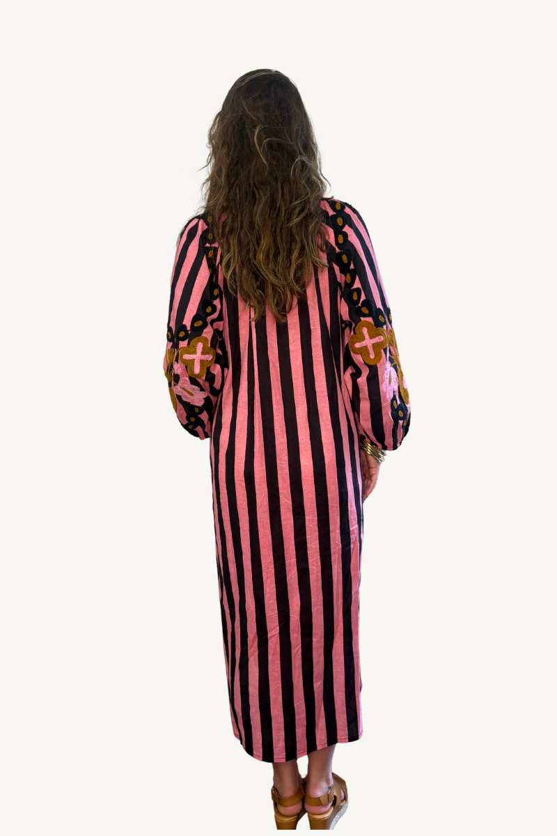The Anita Black and Pink Stripe Embroidered Dress By Origen