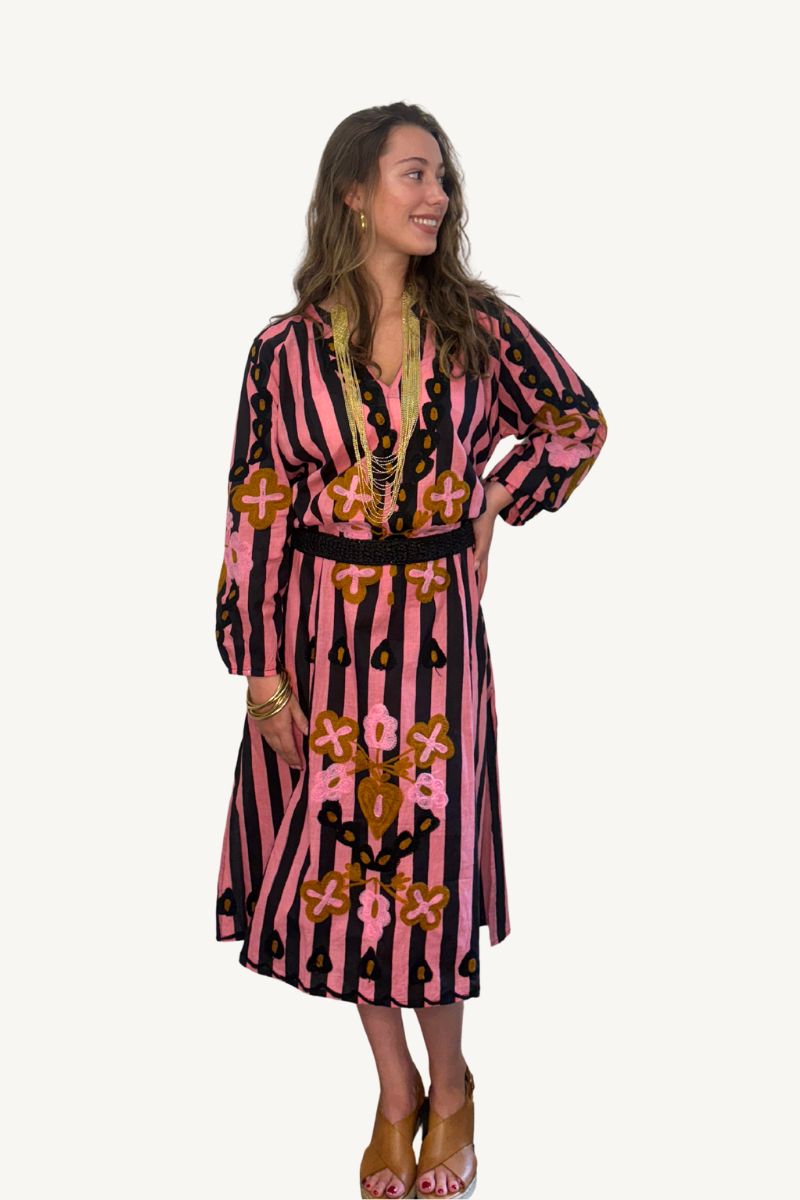 The Anita Black and Pink Stripe Embroidered Dress By Origen