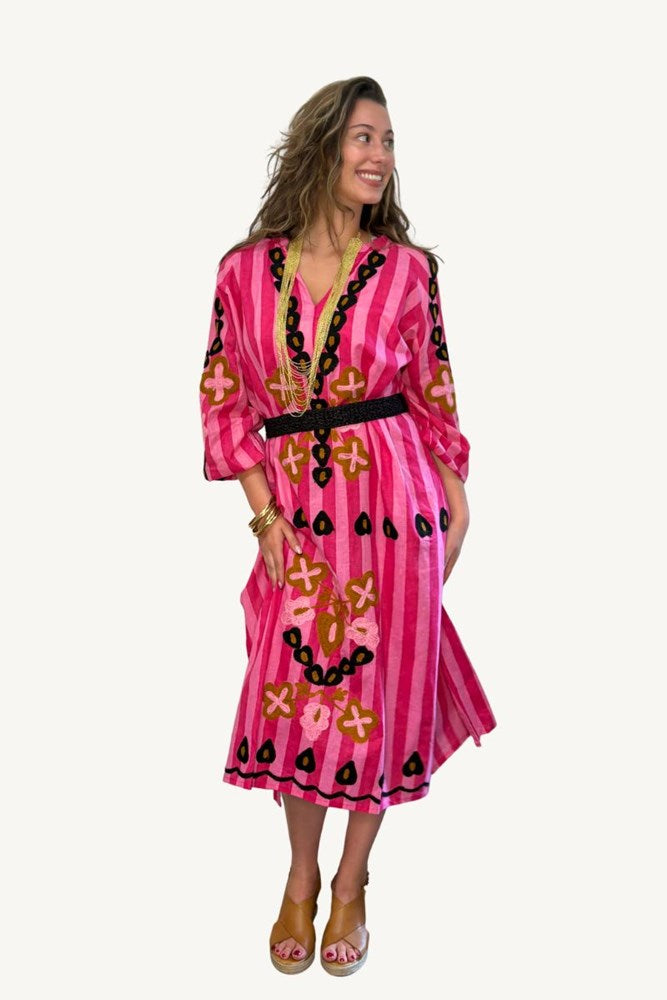 The Anita Pink Stripe Embroidered Dress By Origen