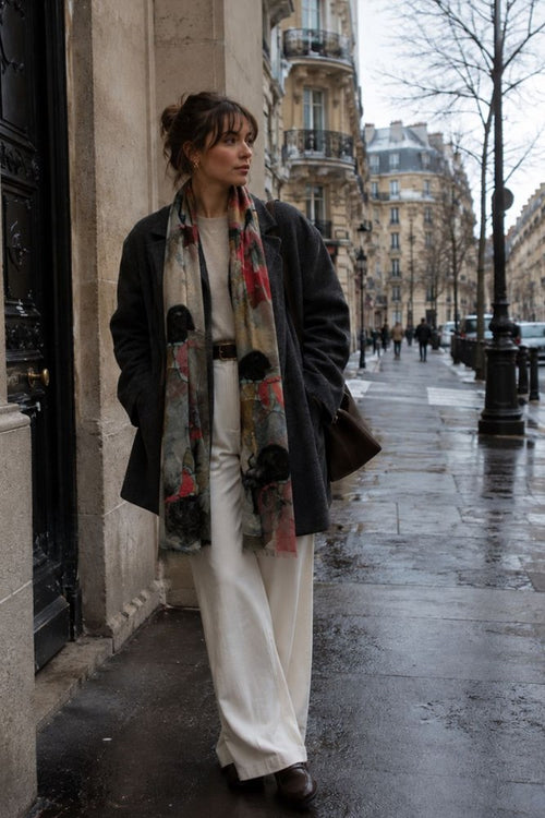 Woman standing on a city street wearing a coat, scarf, and white pants.