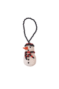 Small snowman ornament with a red scarf on a white background