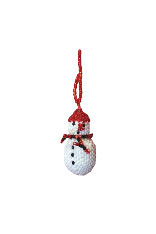 Decorative snowman ornament with a red hat and black and red scarf on a white background