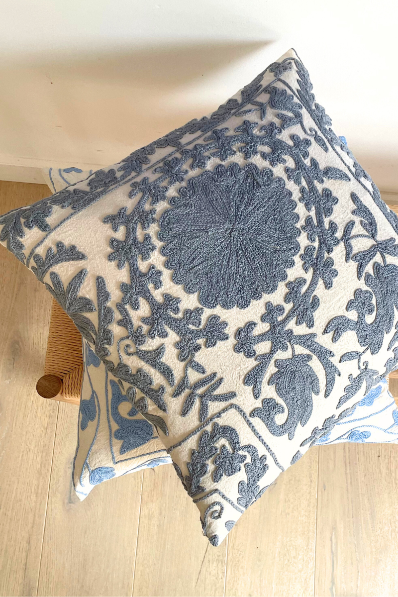 Shop Grey Embroidered Floral Square Cushion (50 x 50 cm) By Origen Imports - Origen Imports