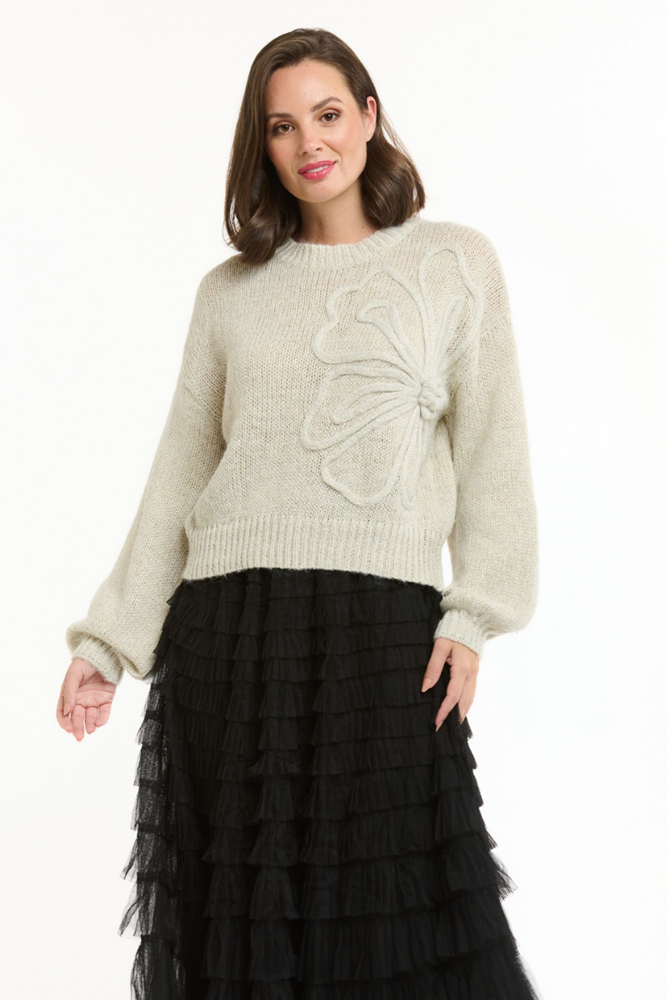Shop Beige Flower Embroidered Jumper - Origen Imports