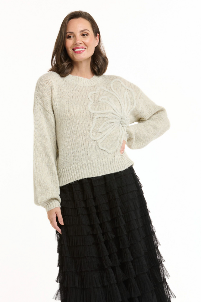Shop Beige Flower Embroidered Jumper - Origen Imports