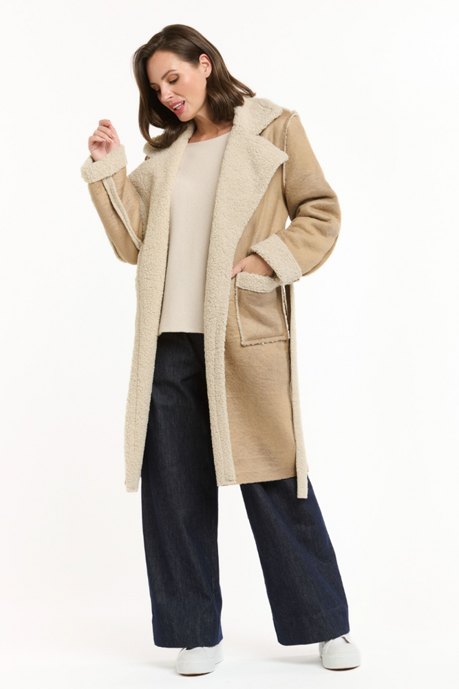 Shop Beige Shearling Lined Faux Coat - Origen Imports