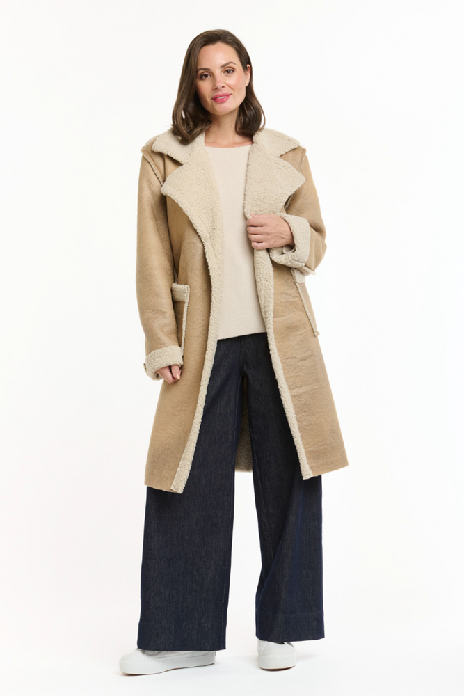 Shop Beige Shearling Lined Faux Coat - Origen Imports