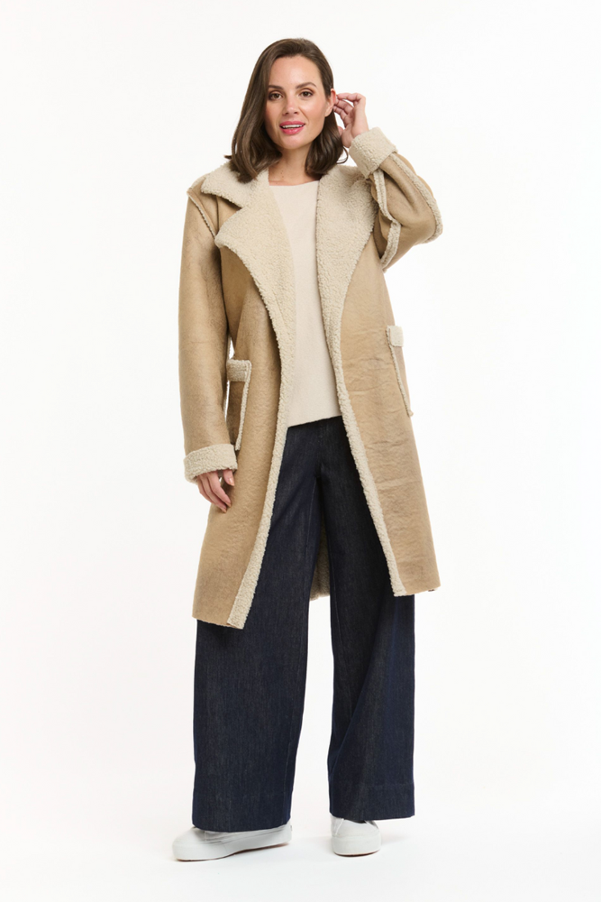 Shop Beige Shearling Lined Faux Coat - Origen Imports