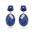 Pair of blue stone earrings with gold accents on a white background