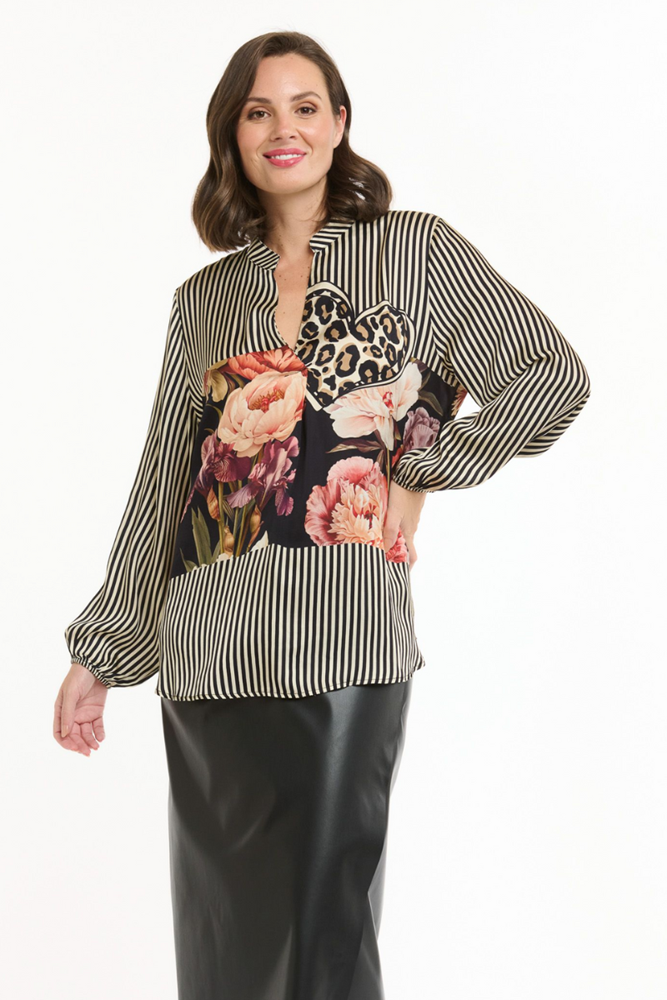Shop Black & Beige Multi Print Heart Shirt - Origen Imports