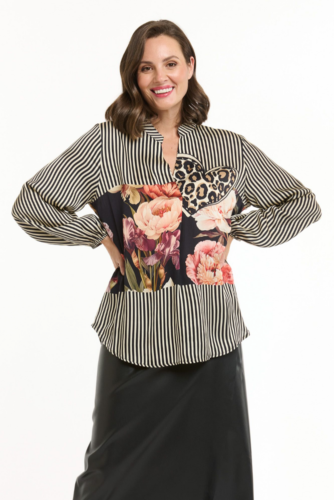 Shop Black & Beige Multi Print Heart Shirt - Origen Imports