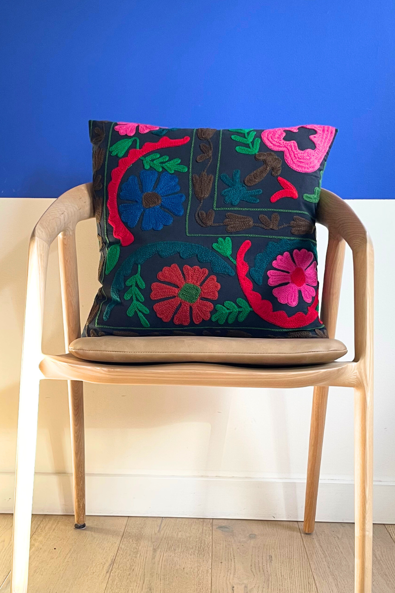 Shop Black Embroidered Floral Square Cushion (50 x 50 cm) By Origen Imports - Origen Imports