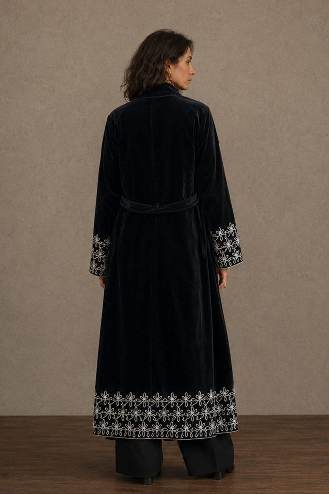 Embroidered Velvet  Long Coat - Black