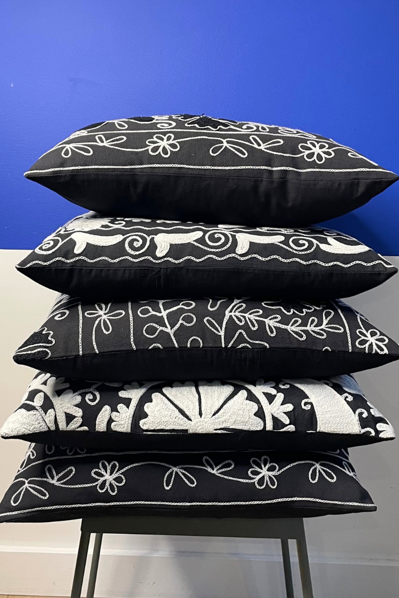 Shop Black Embroidered White Flowers Square Cushion (50 x 50 cm) By Origen Imports - Origen Imports