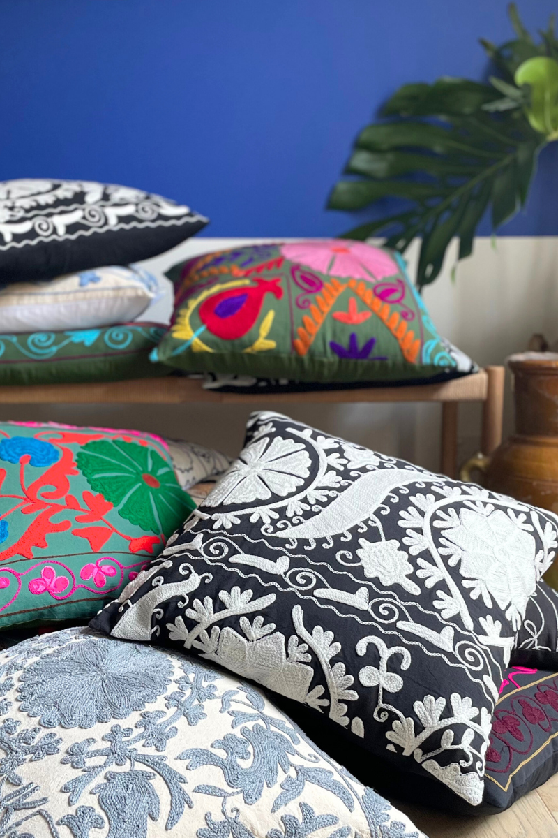 Shop Black Embroidered White Flowers Square Cushion (50 x 50 cm) By Origen Imports - Origen Imports