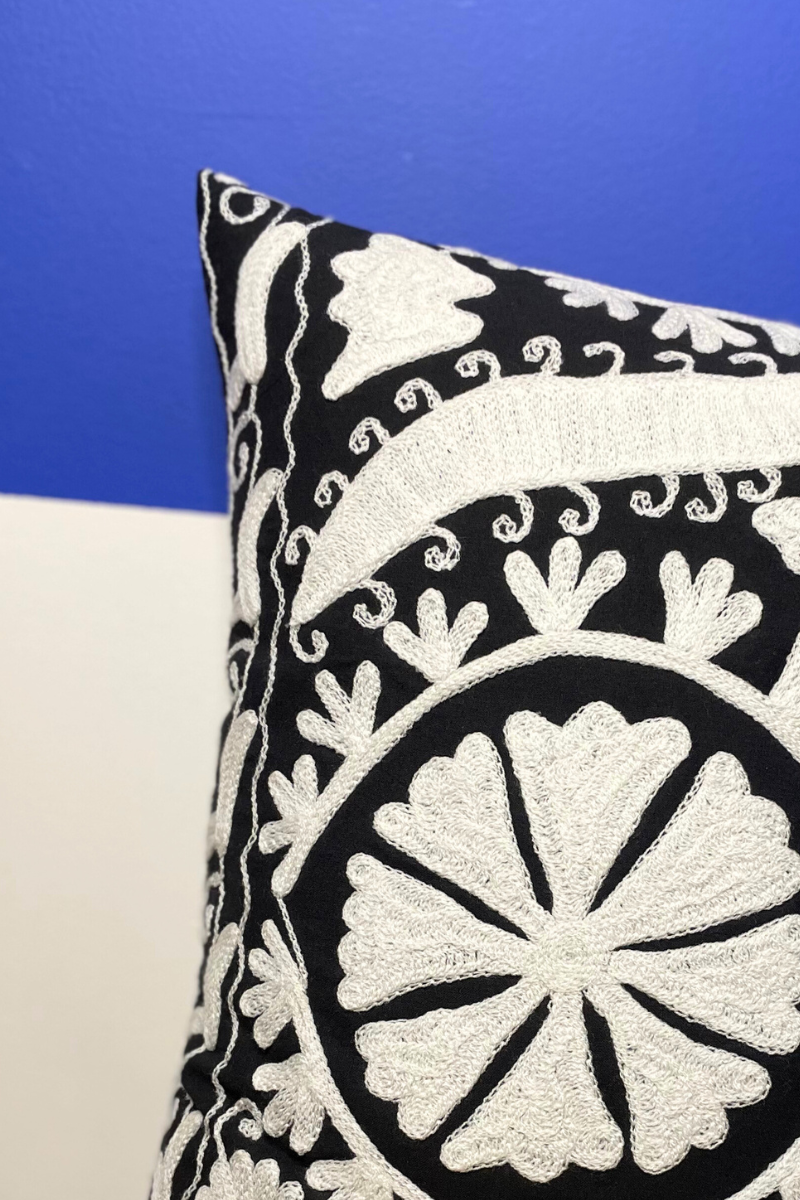 Shop Black Embroidered White Flowers Square Cushion (50 x 50 cm) By Origen Imports - Origen Imports