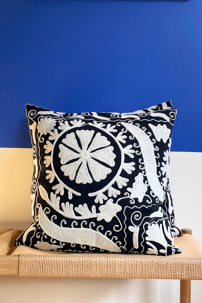 Shop Black Embroidered White Flowers Square Cushion (50 x 50 cm) By Origen Imports - Origen Imports