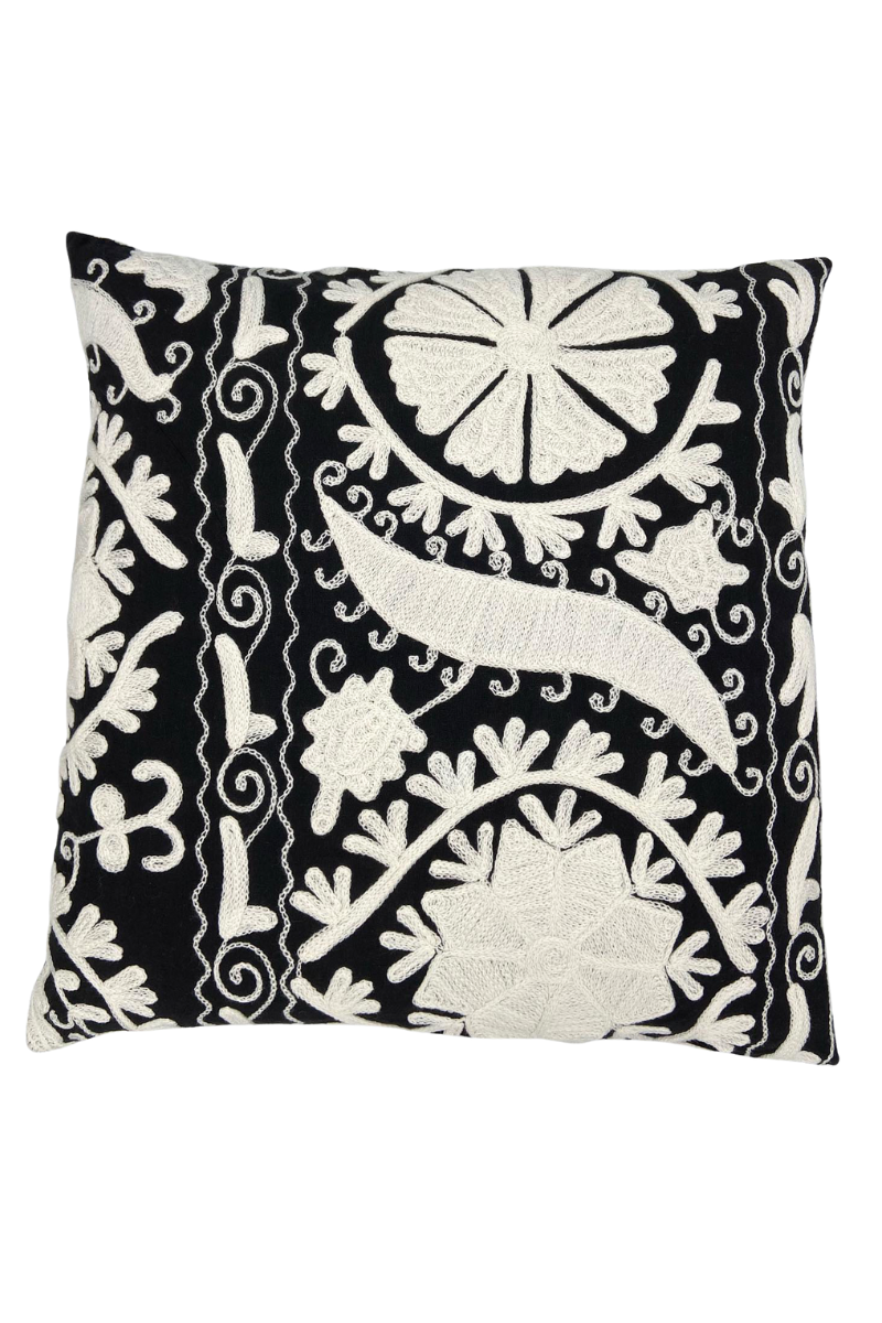 Shop Black Embroidered White Flowers Square Cushion (50 x 50 cm) By Origen Imports - Origen Imports