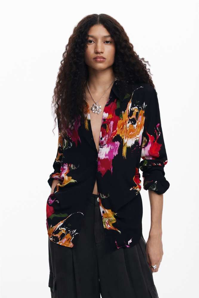 Shop Black & Multi Floral Print Shirt By Desigual - Origen Imports