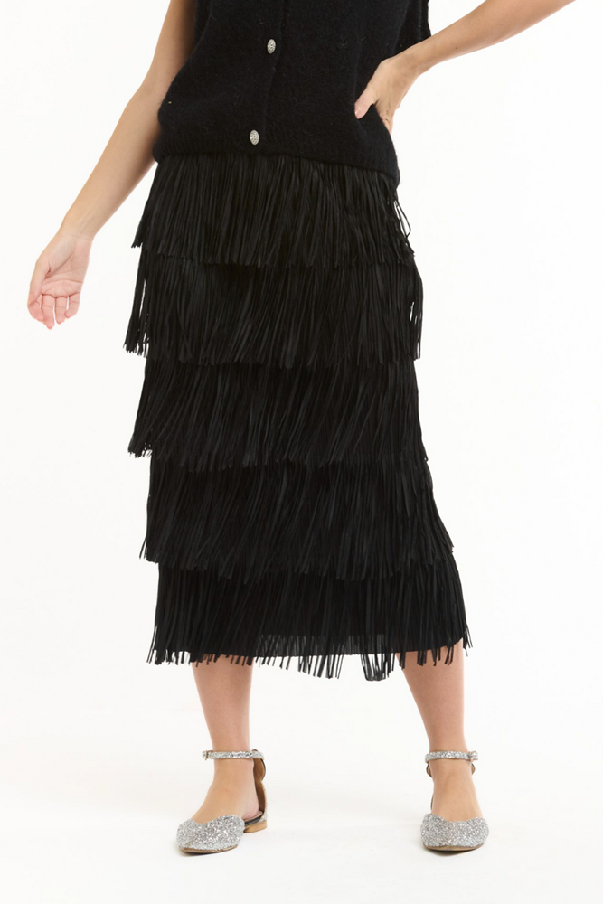 Shop Black Tier Fringe Skirt - Origen Imports