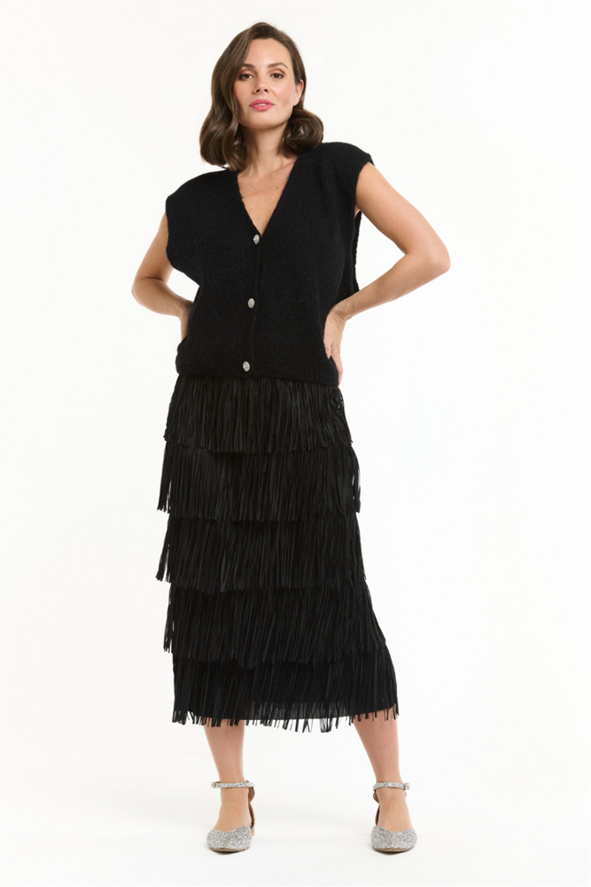 Shop Black Tier Fringe Skirt - Origen Imports